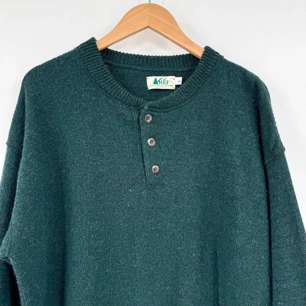 REI Dark Forest Green Vtg 90s Long Sleeve Henley Wool Sweater Men's L